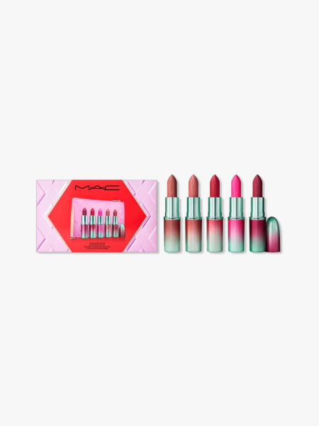 MAC Less is Bore Matte Lipstick Gift Set in branded component on a light gray background