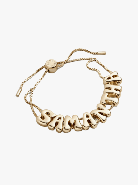 BaubleBar Bubble Custom Slider Bracelet in branded component on a light gray background